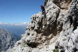 Un passaggio della Via Ferrata Sosat, sullo sfondo la Presanella